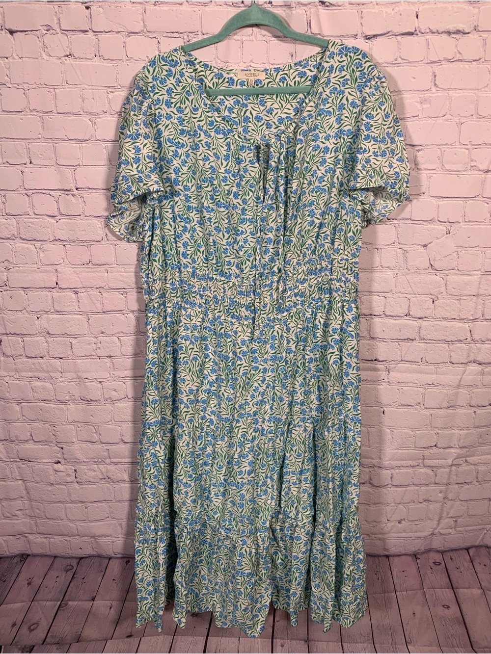 Angels Womens Cottagecore Floral Maxi Dress Blue Green Sz 3X Casual Boho